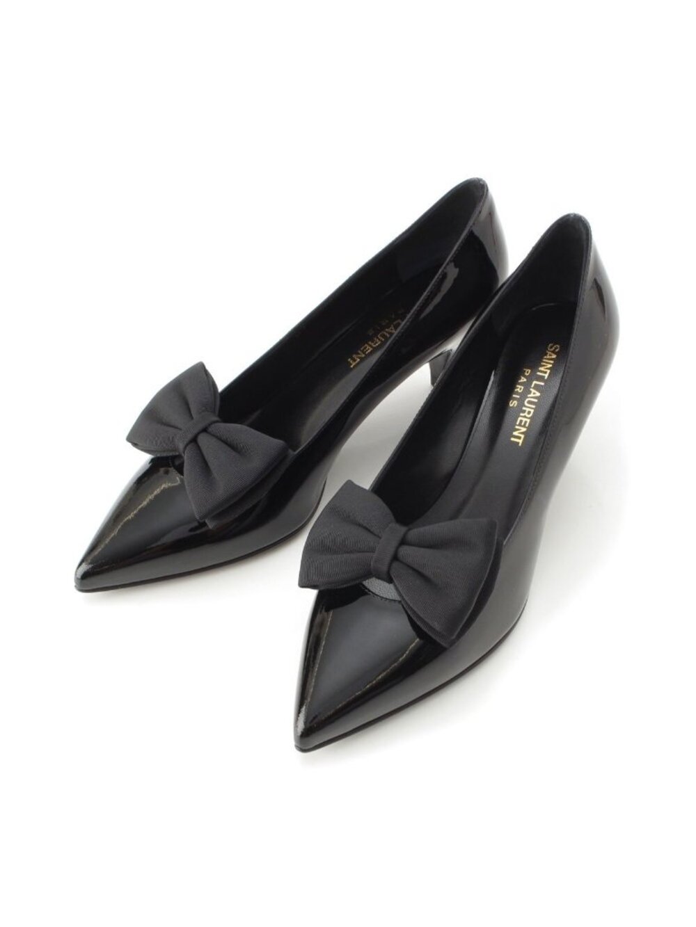 Saint Laurent Paris Patent Ribbon Pointed Toe Pumps Black Heels